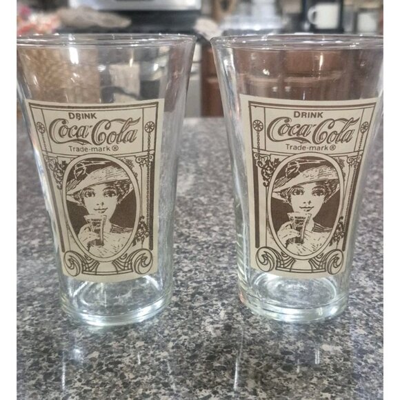 Set Of (2) Vintage COCA-COLA  Collectible Flate Drink Glass  16oz. - Picture 2 of 4